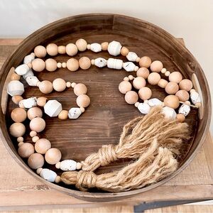 86 in Wood Bead Garland with Tassels, Farmhouse Rustic Country Decor Boho Style
